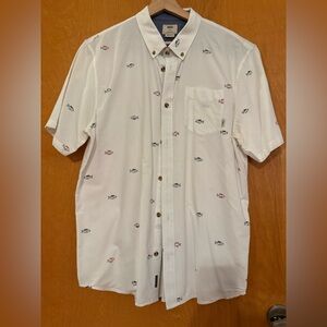 Vans White Short-Sleeve Button-Down Shirt with Red and Navy Fish Print